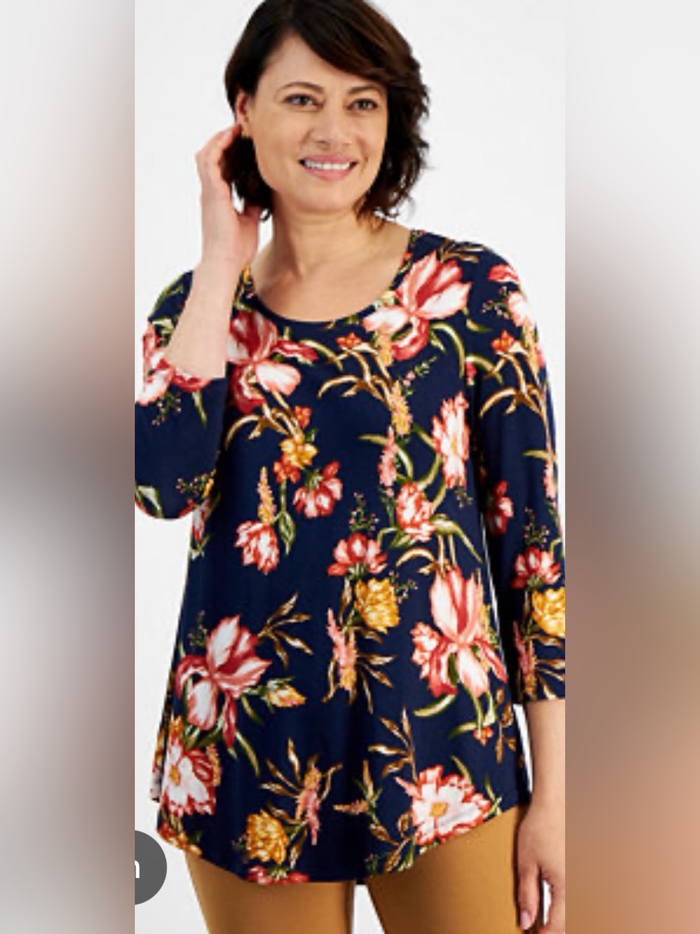 JM Collection, Navy Floral Scoop Neck Top